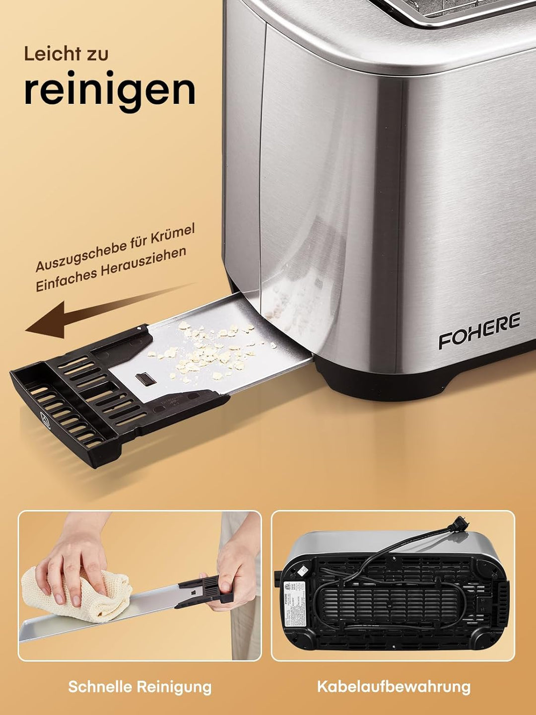 Toaster 4 Scheiben, Langschlitz Toaster, 1400W Edelstahl Toaster, 9 Farbeinstellungen und 3 Brotsort