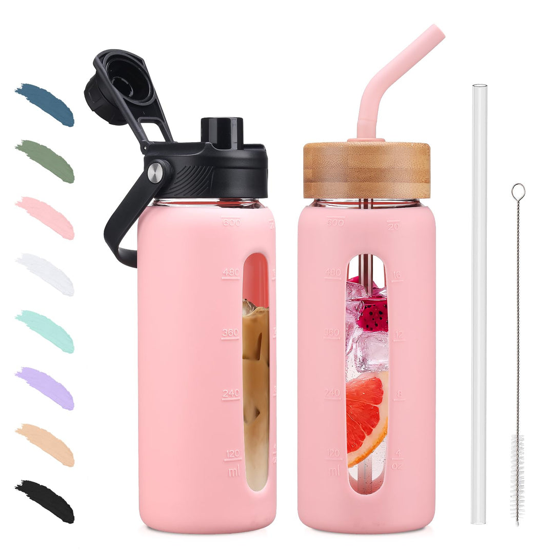 BLUEGO 600ml Glaswasserflasche mit Strohhalm und 2 Deckeln Kaffeetasse aus Glas mit Zeitmarkierung u