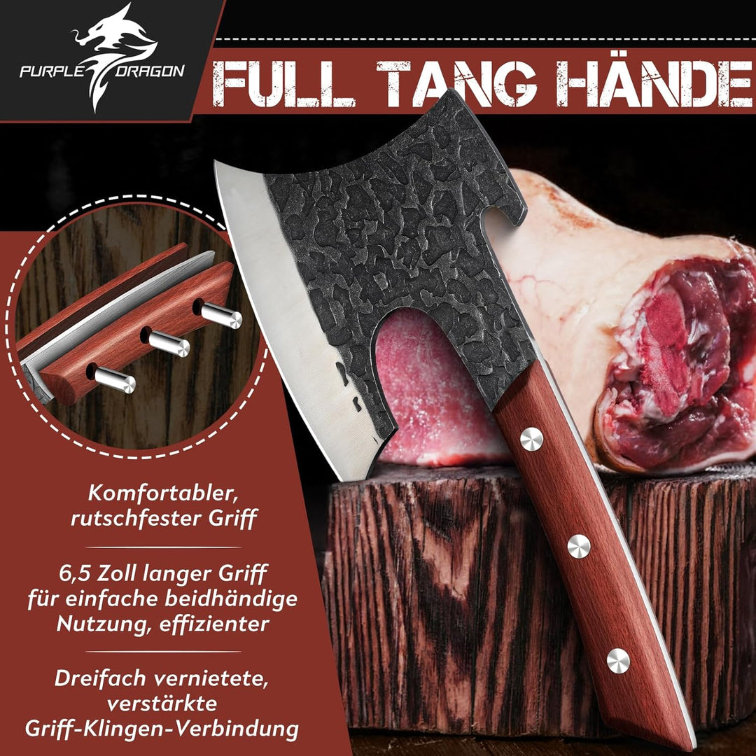 Purple Dragon Hackbeil Schwer für grosse Knochen und Fleisch, Full Tang Küchenbeil mit Lederscheide,