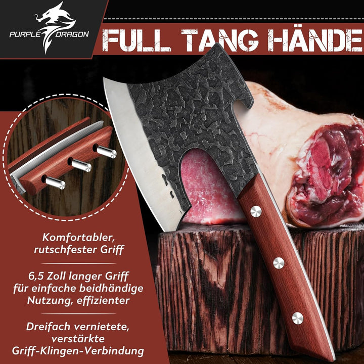 Purple Dragon Hackbeil Schwer für grosse Knochen und Fleisch, Full Tang Küchenbeil mit Lederscheide,