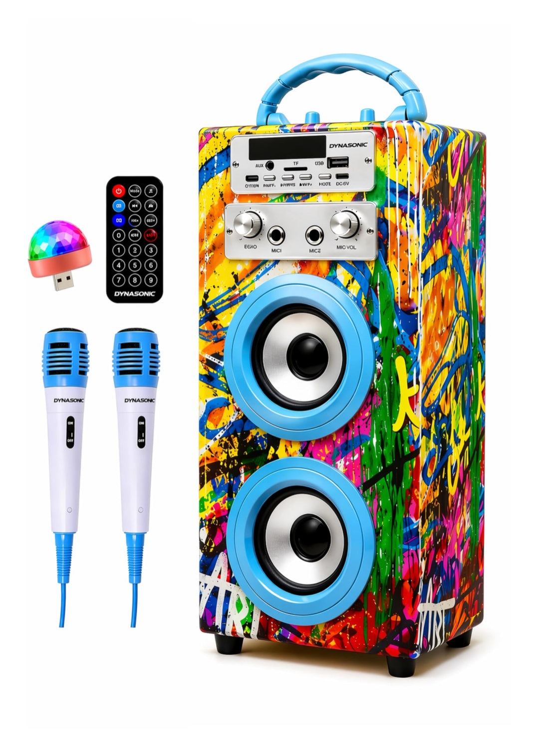 DYNASONIC Karaoke mit 2 Mikrofonen, tragbarer Karaoke-Maschine, Bluetooth-Lautsprecher, USB- und SD-