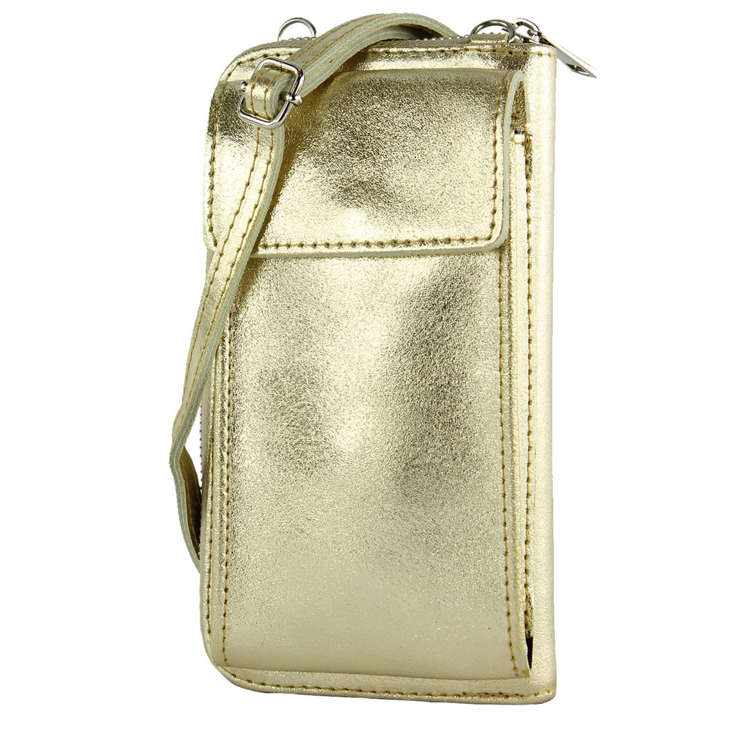 modamoda de - P06 - ital. Damen Umhängetasche Geldbörse Handytasche Leder Lightgold Metallic, Lightg