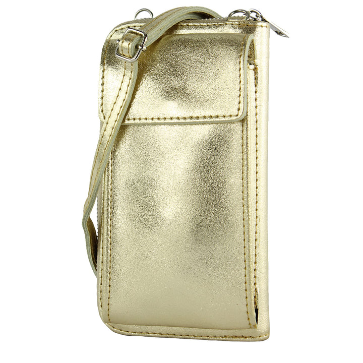 modamoda de - P06 - ital. Damen Umhängetasche Geldbörse Handytasche Leder Lightgold Metallic, Lightg