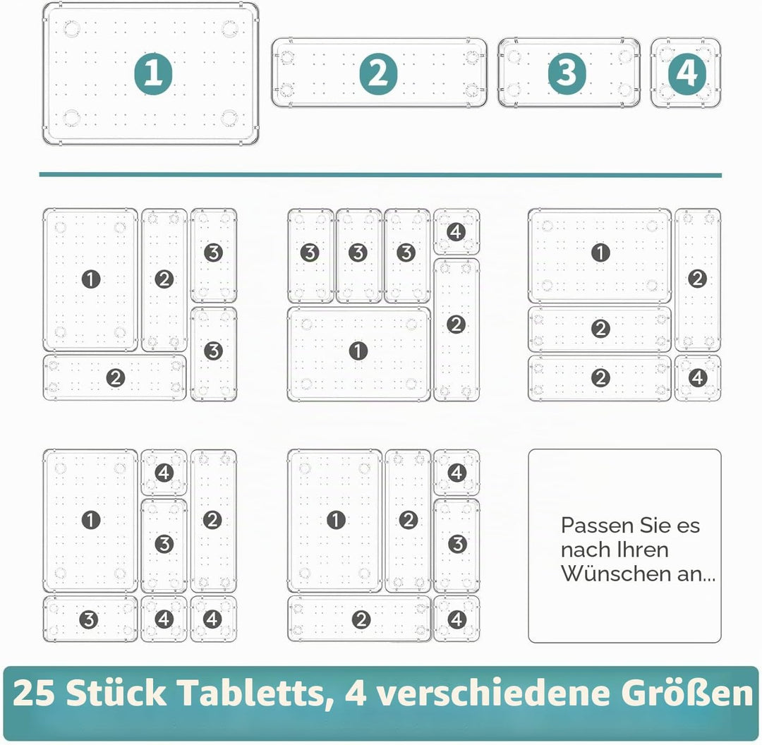 25Pcs Schubladeneinsatz Schubladen Organizer mit 4 Grössen, Schminktisch Organizer transparent Kunst