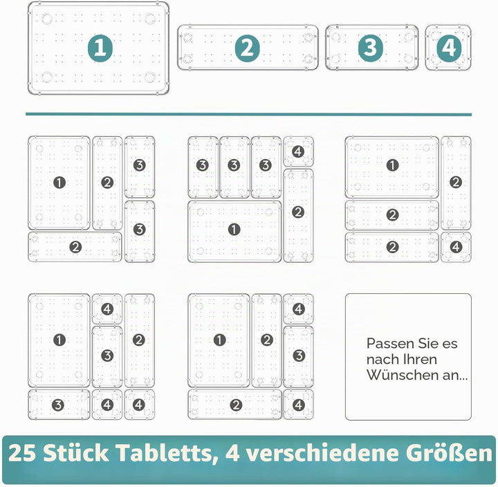 25Pcs Schubladeneinsatz Schubladen Organizer mit 4 Grössen, Schminktisch Organizer transparent Kunst
