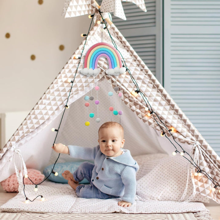 WINOMO Holz Baby Mobile Babybett Windspiele Hängende Wolken Regentropfen Makramee Regenbogen Boho Qu