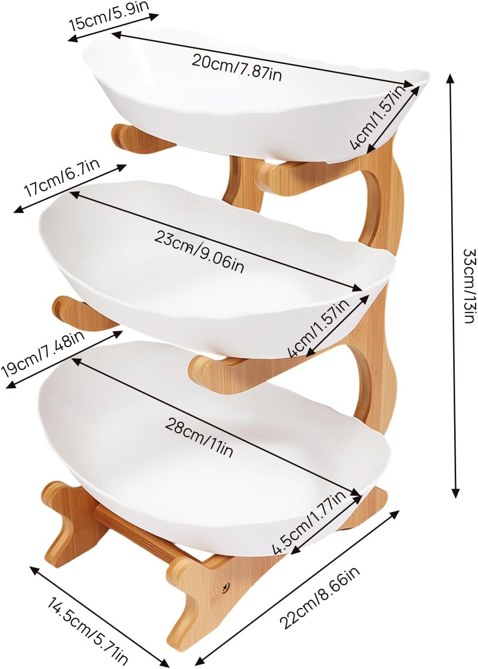 Kunststoff 3 Tier Obst und Snack Tray mit natürlichen Bambus-Ständer für Obst, Brot, Snacks, Obstkor