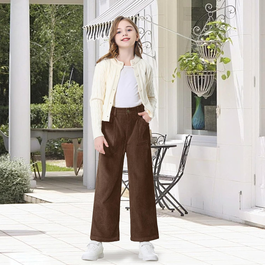 Rolanko Mädchen Cordhose, Pull On Elastische Taille Gerades Bein Abgeschnitten Lange Hosen für Kinde