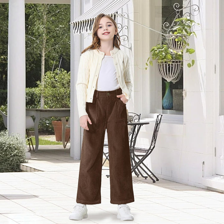 Rolanko Mädchen Cordhose, Pull On Elastische Taille Gerades Bein Abgeschnitten Lange Hosen für Kinde