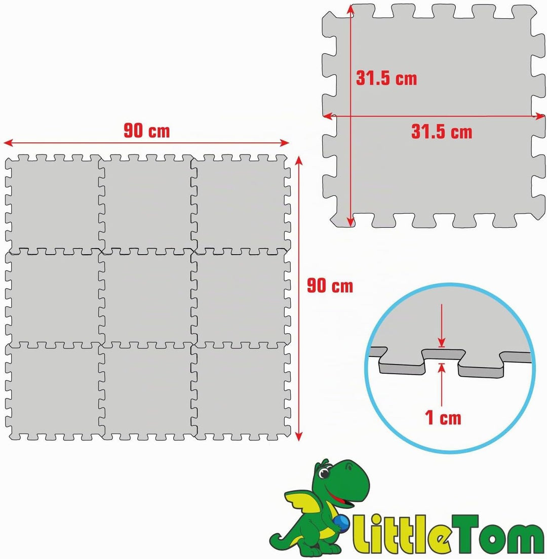 LittleTom Spielmatte Baby Puzzlematte - 9 Teile je 30x30 cm Krabbelmatte 90x90 cm Bodenmatte Kinder