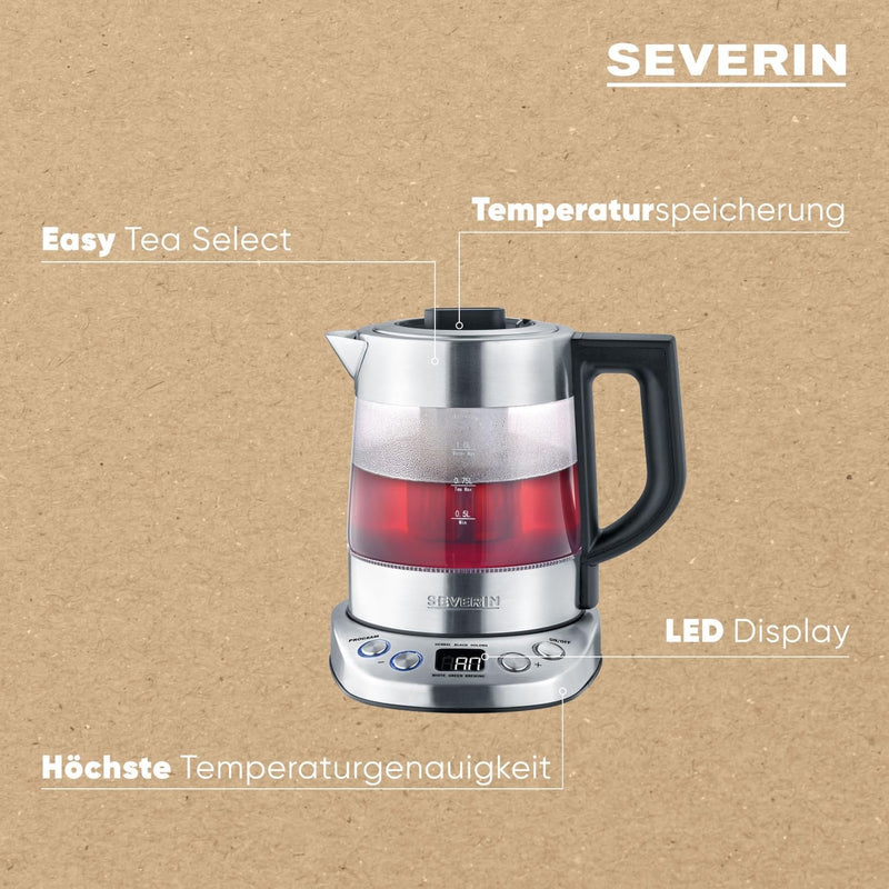 SEVERIN Tee-/ Wasserkocher Deluxe Mini, Glaswasserkocher für bis zu 1,0 l, elektrischer Teekocher mi