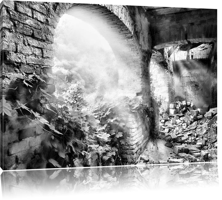 Monocrome, Alte Ruine, Format: 100x70 auf Leinwand, XXL riesige Bilder fertig gerahmt mit Keilrahmen