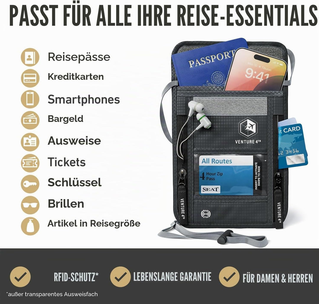 Venture 4TH Travel Neck Wallet with RFID Blocking – Passport Holder Neck Pouch to Keep Your Cash and