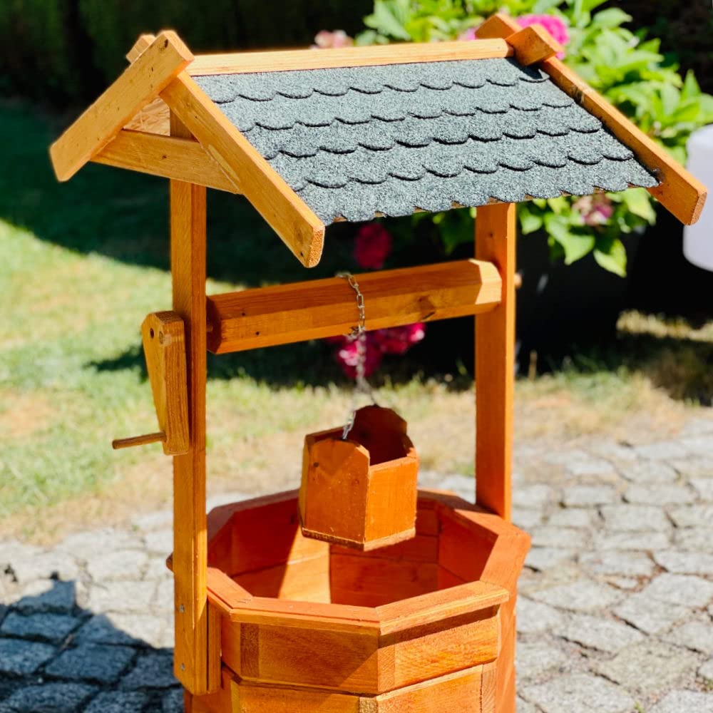 Grosser achteckiger Gartenbrunnen aus Holz, braun/grün, Höhe 84 cm, für Garten/Aussenbereich, lasier