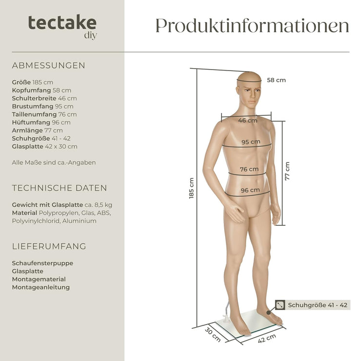 TecTake Schaufensterpuppe Zerlegbare Puppe | drehbar und beweglich | Glasplatte mit Wadendorn - Vers