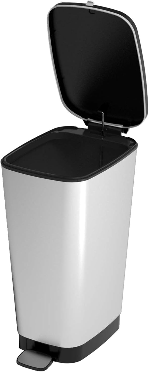 CURVER KIS Chic Bin Style Treteimer 45l mit Deckel und Pedal, Müllbeutelaufhängung, Silber metallic,
