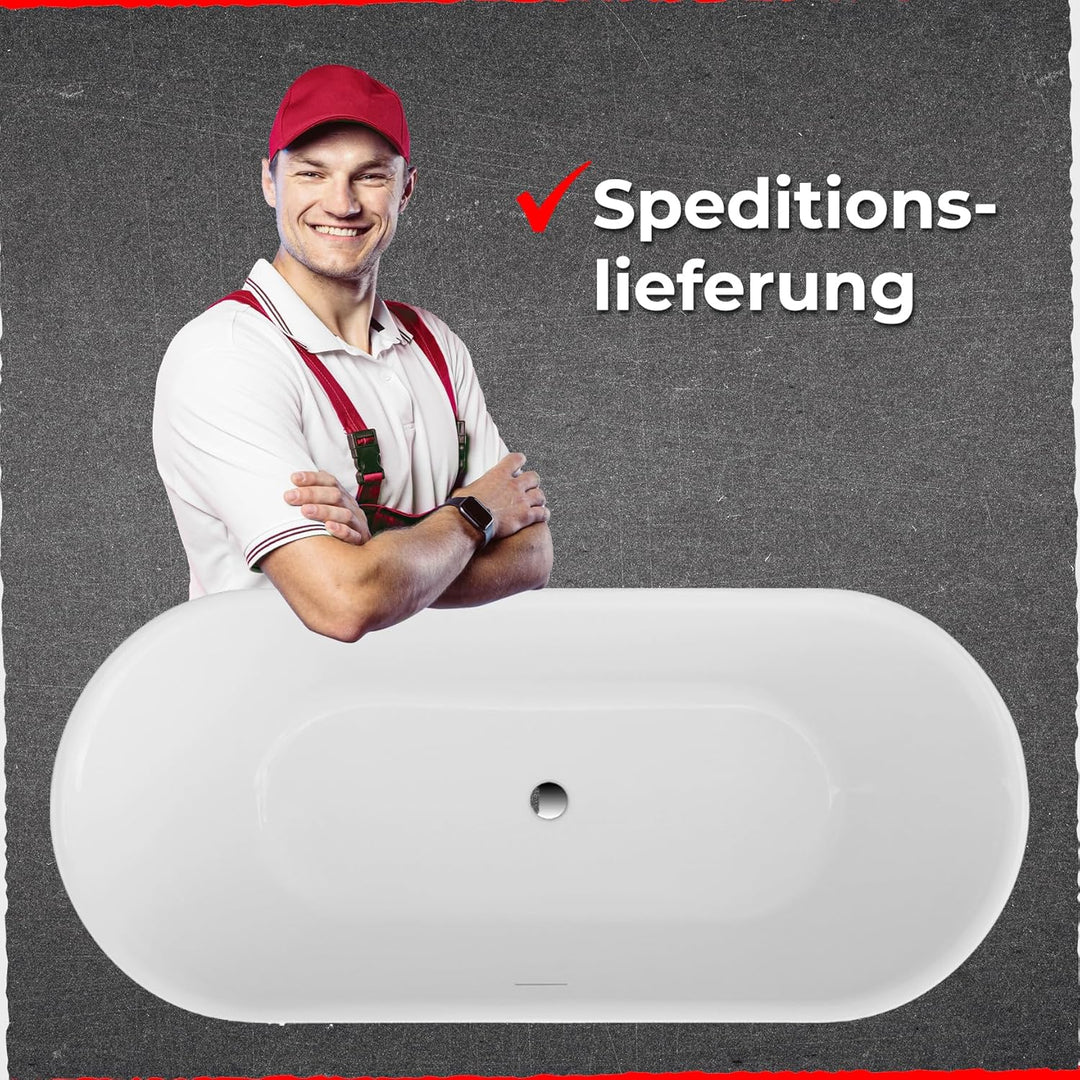 Schulte freistehende Badewanne 150 x 75 cm, hochwertiges Sanitär-Acryl Weiss, Komplettset inkl. Abla