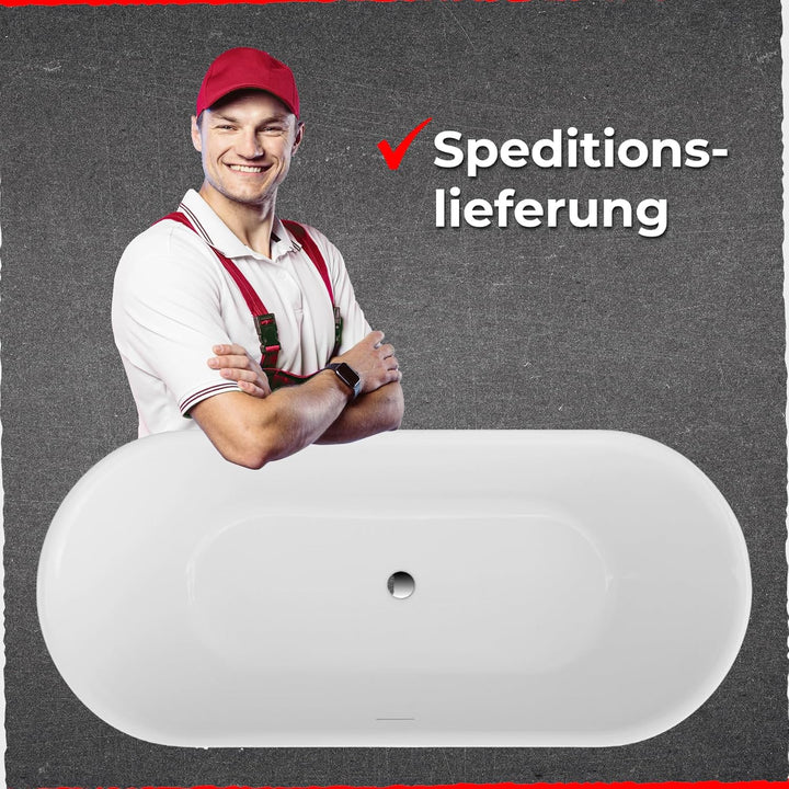 Schulte freistehende Badewanne 150 x 75 cm, hochwertiges Sanitär-Acryl Weiss, Komplettset inkl. Abla