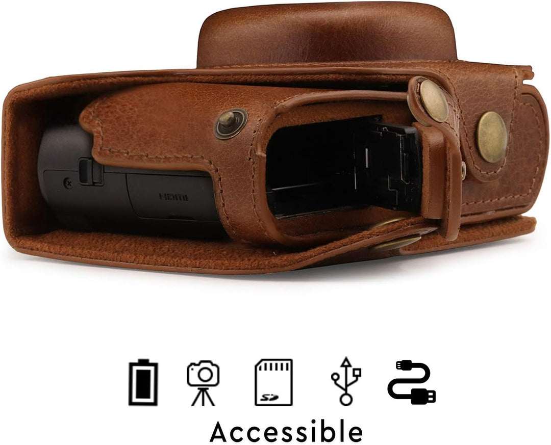 MegaGear Panasonic Lumix DC-TZ100, TZ200 Ever Ready Echtleder Kamera-Case mit Trageriemen - Braun MG
