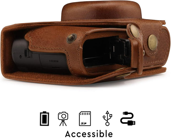 MegaGear Panasonic Lumix DC-TZ100, TZ200 Ever Ready Echtleder Kamera-Case mit Trageriemen - Braun MG