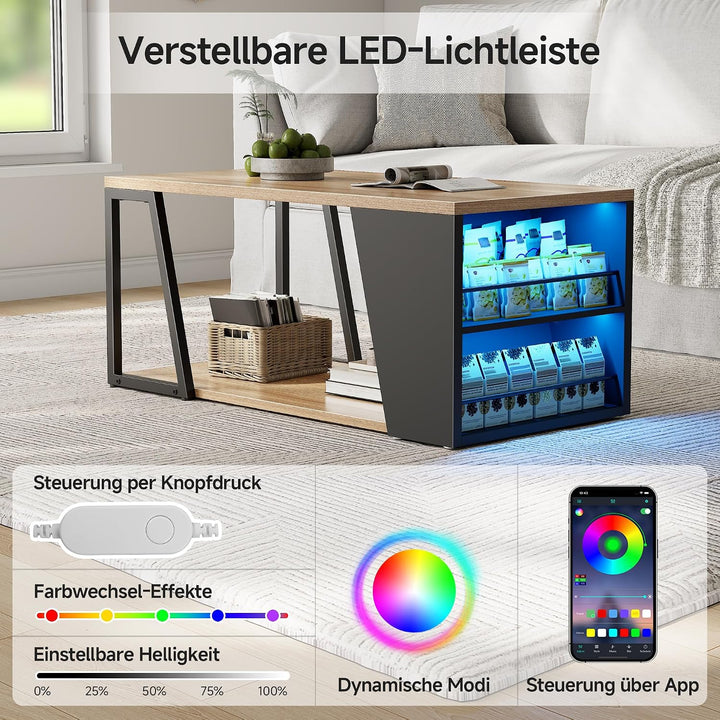 Gyfimoie Couchtisch mit Stauraum, Wohnzimmertisch mit Verstellbarer LED, Sofatisch mit Regal, Beiste