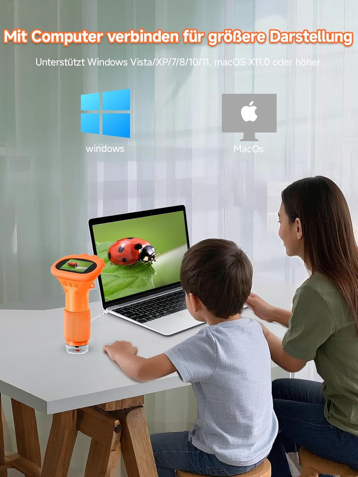 Mikroskop für Kinder, Digitales Mikroskop mit 2,0" IPS-Bildschirm Lupe 200x Vergrösserung, 8 LED Lig