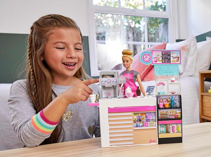 Barbie GMW03 - Naschcafé Spielset, kurviger Blonde (30,4 cm), +20 realistische Spielteile: Maschine,