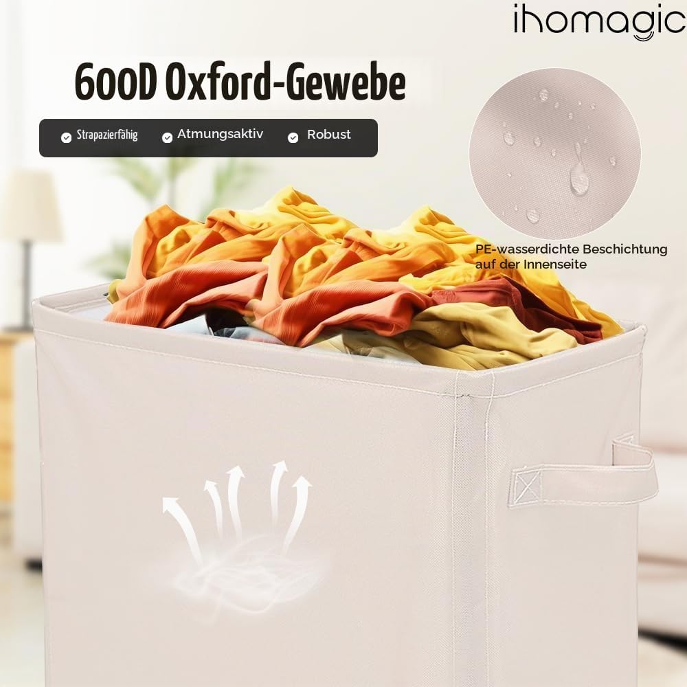 IHOMAGIC 40L Wäschekorb mit Rädern, Faltbarer Wäschesammler mit Rollen, Schmal Rechteckiger Wäschebe