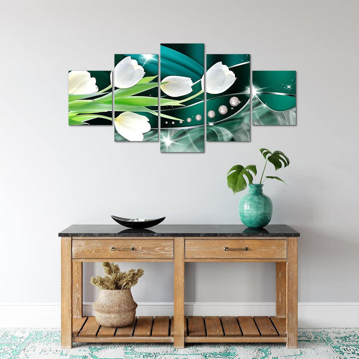 Runa Art Wandbilder Blumen Tulpen 5 Teilig Bild auf Vlies Leinwand Deko Wohnzimmer Diamant Grün Grau