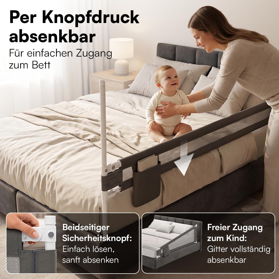 BELLABINO Drina Rausfallschutz – Bettschutzgitter 150 cm Dunkelgrau – Bettgitter höhenverstellbar 69