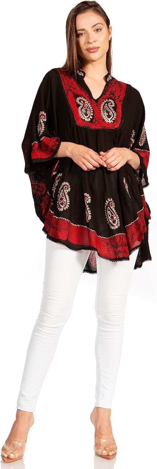 Sakkas Amori V-Ausschnitt Stickerei Poncho Top/vertuschen Einheitsgrösse Schwarz Rot, Einheitsgrösse