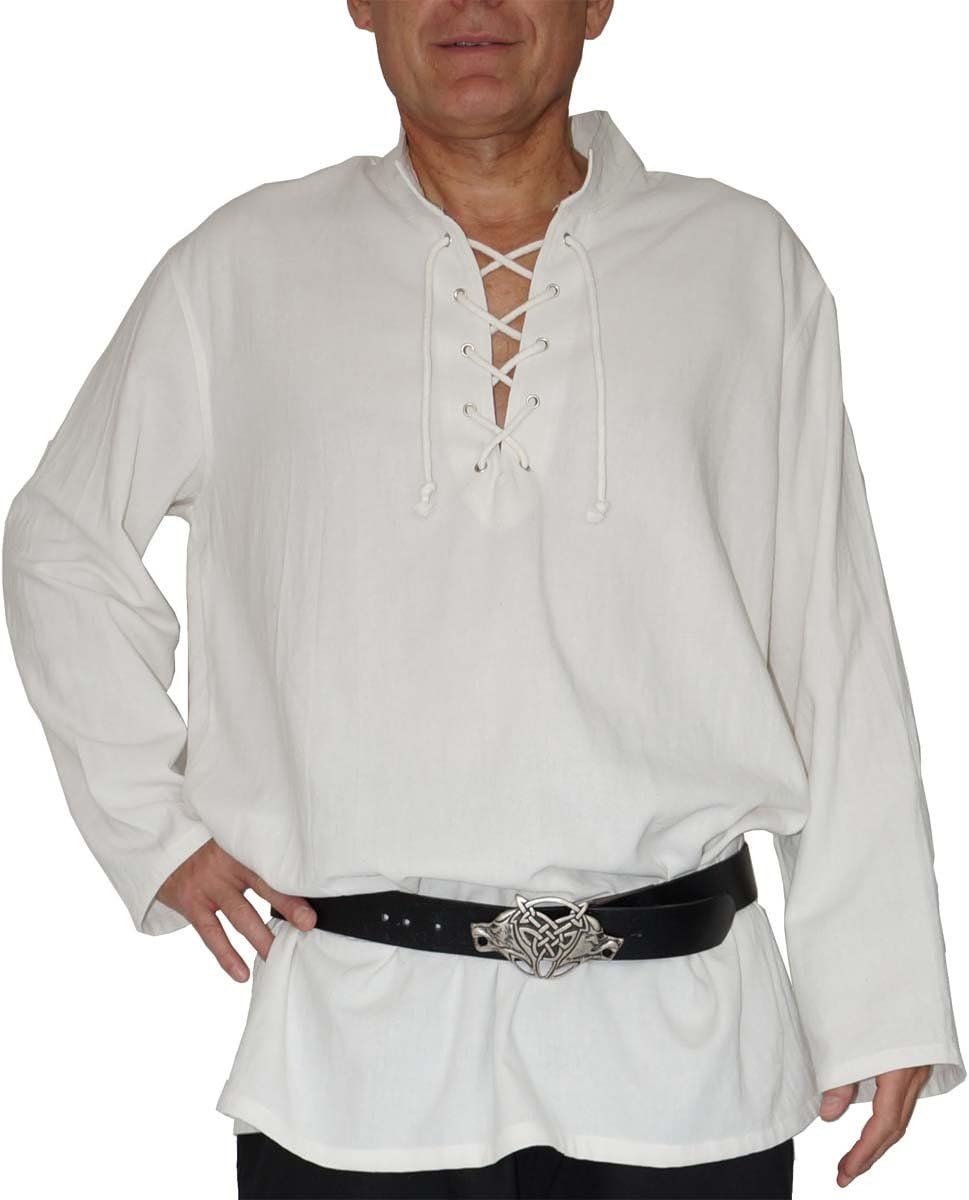 MAYLYNN Mittelalter Hemd Piratenhemd Wikinger Kelte Fischerhemd Yagumir, Gr. L L Weiss, L Weiss