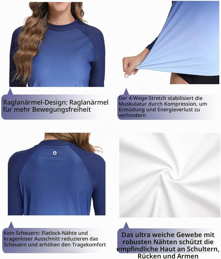 SURFEASY Damen Rash Guard Langarm Sonnenschutz Schnelltrocknend Badeshirt Surf Shirt Schwimmen Badem