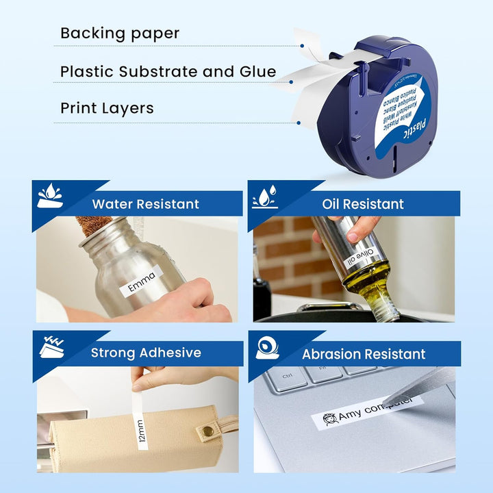 Markurlife 12mm Ersatz für Dymo Letratag Etikettenband 12mm x 4m Plastic White 91221 Kompatibel mit