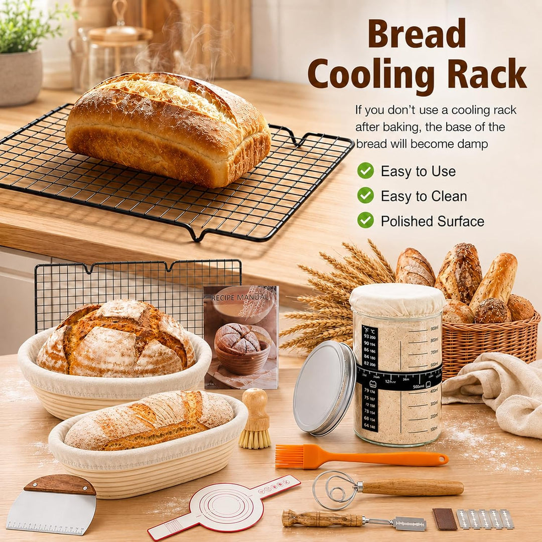 Sauerteig Starter Set Komplett Gärkörbchen Rund &amp; Oval aus Rattan | Teigbesen &amp; Schaber, Starterglas