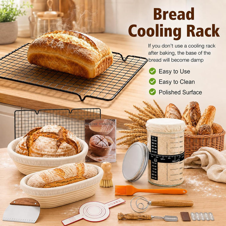 Sauerteig Starter Set Komplett Gärkörbchen Rund &amp; Oval aus Rattan | Teigbesen &amp; Schaber, Starterglas