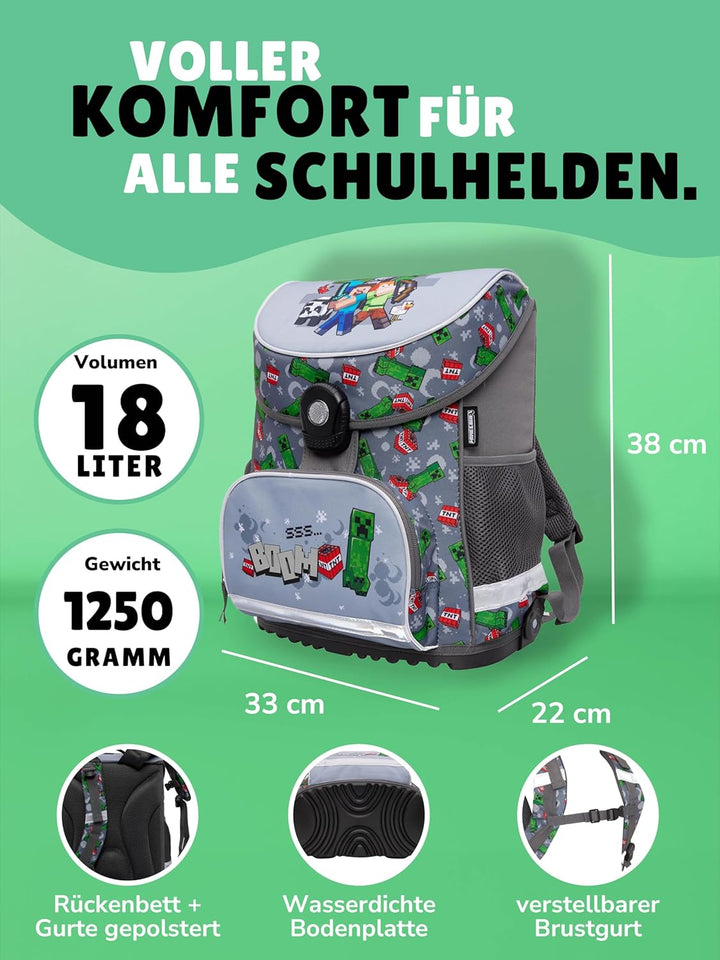 Familando - Schulranzen Set 10-teilig mit Schultüte - Minecraft - Ergonomisch, stabil & mit gepolste