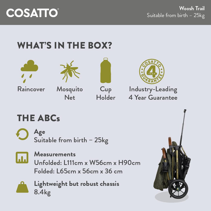 Cosatto Woosh Trail Buggy, Geburt – 25kg, Federung für alle Untergründe, kompakt, freistehend faltba