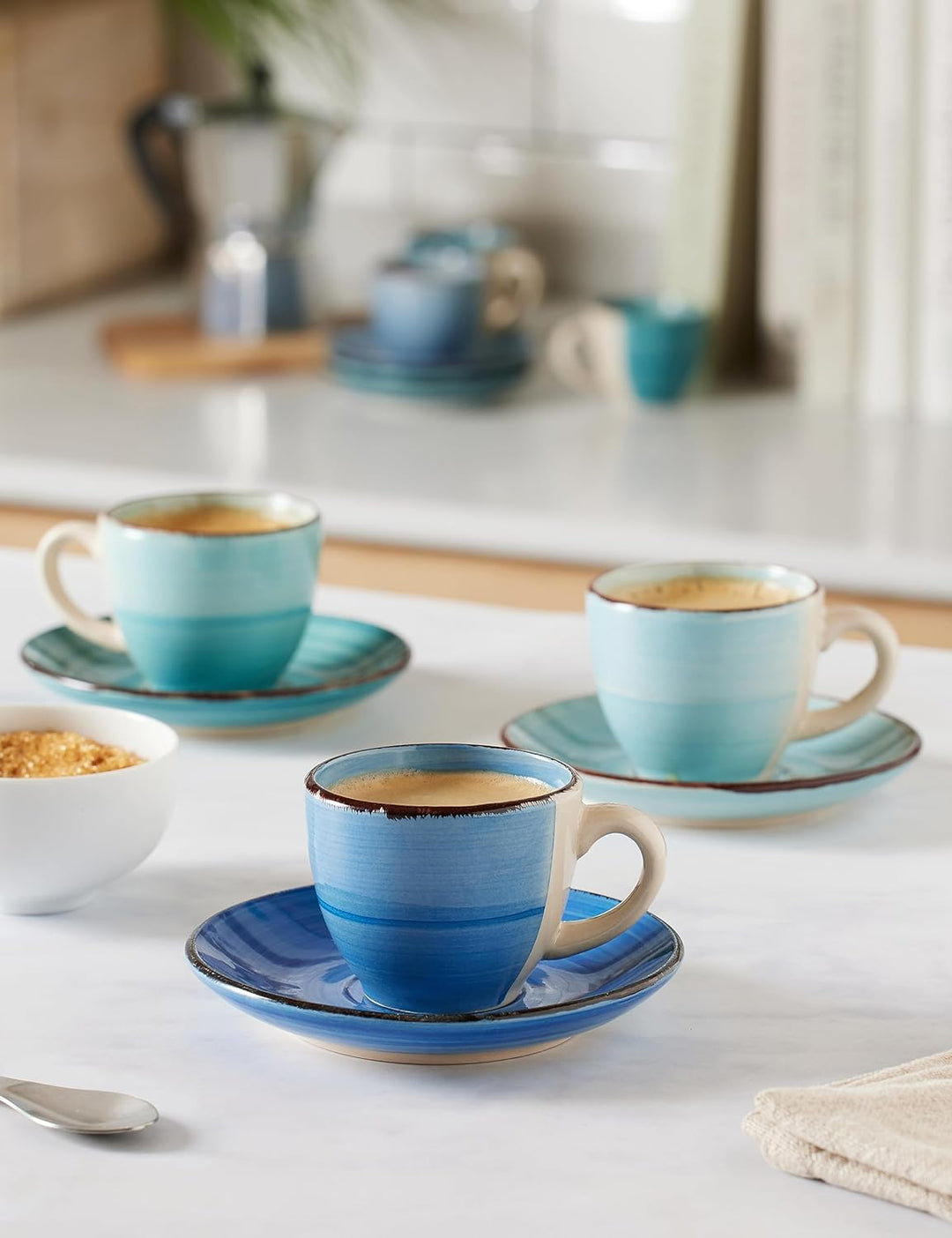 Villa d'Este Home Tivoli 6er Set Kaffeetassen 90 ml mit Untertasse aus Steingut, Baita Acqua
