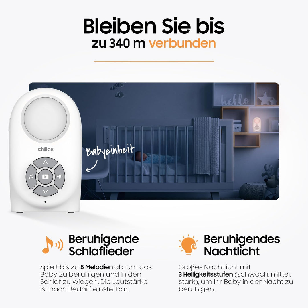 CHILLAX - Audio-Babyphone CB210 - DECT - VOX & Smart Eco Modus - Gegensprechfunktion - Geräuschpegel
