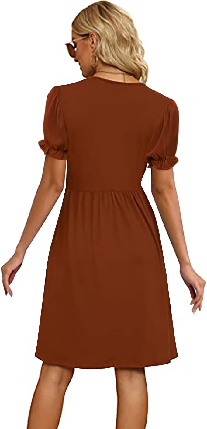 Basicspace Damen Sommerkleider V-Ausschnitt Kurzarm Tunika Rüsche Lässig Lose Flowy Swing A Line Kle