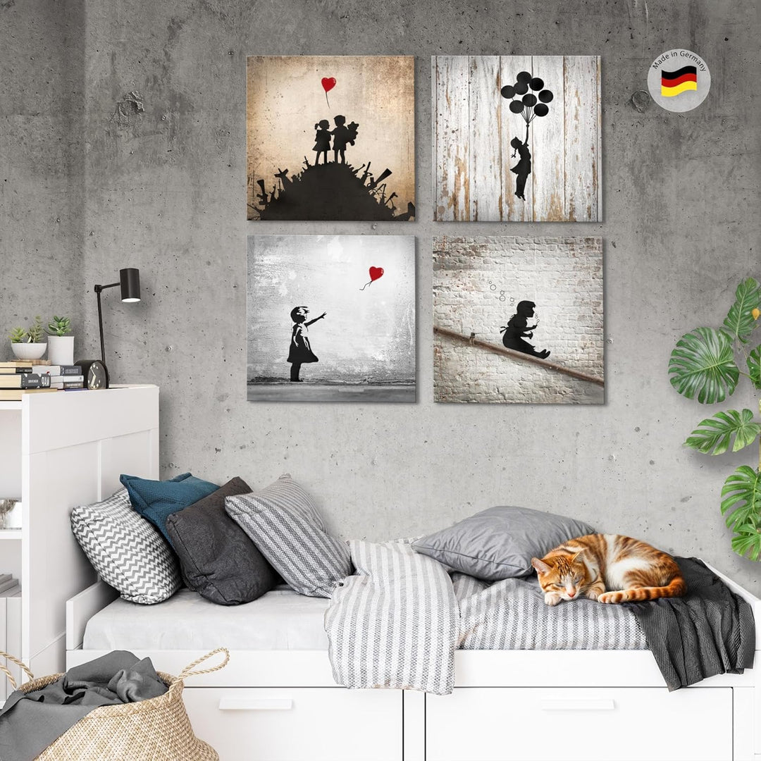 Novart Bilder Set Banksy Collage - KOMPLETT AUFHÄNGFERTIG - Grau Rot Orange Wohnzimmer Schlafzimmer
