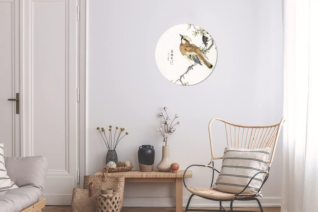 MuchoWow Wandbild Rund Wanddeko Deko Wohnzimmer Bilder 30x30 cm Vogel - Zweig - Schriftzeichen - Jap