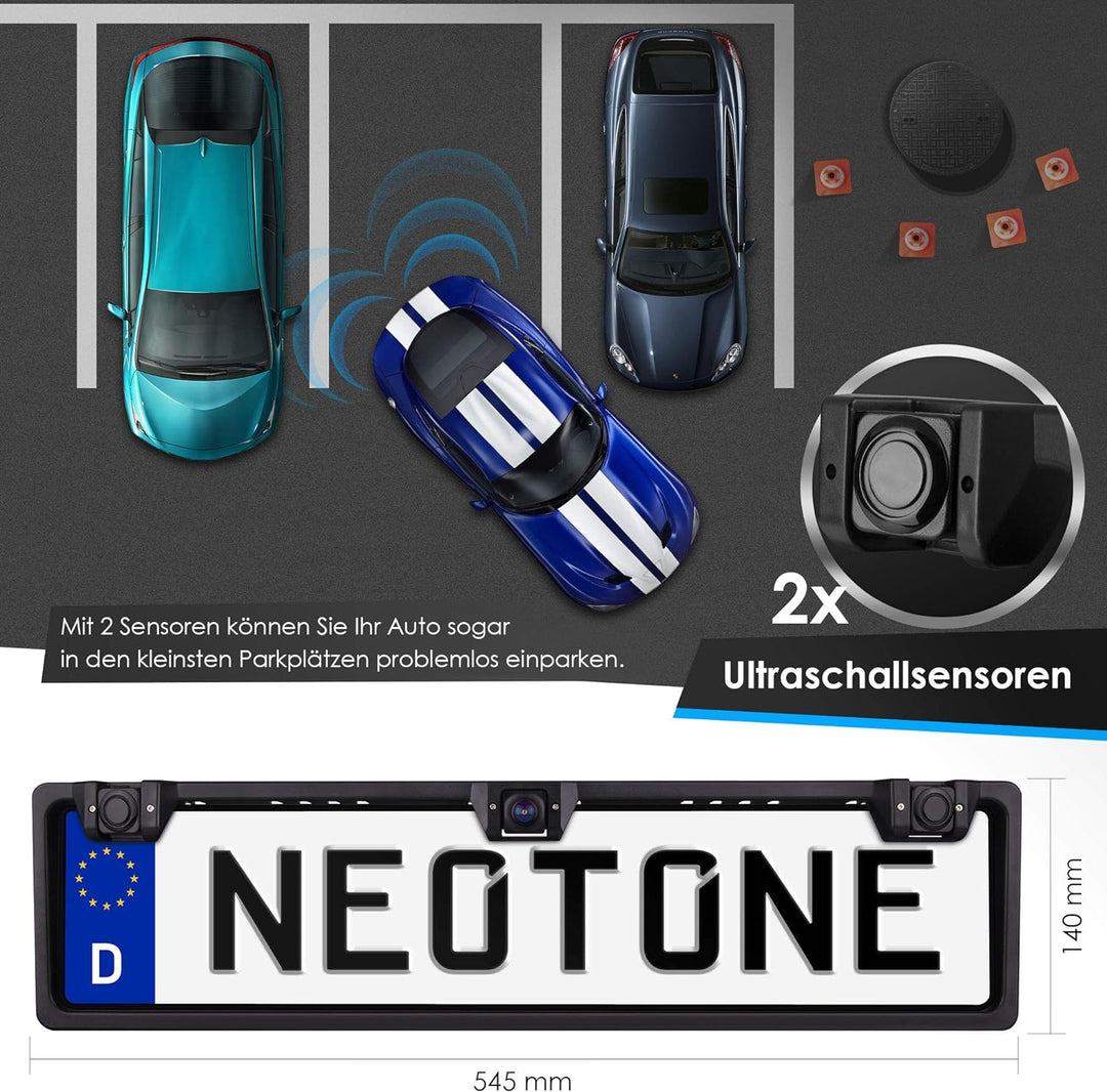 NEOTONE NTK-200P universelle Rückfahrkamera in Kennzeichenhalterung mit 2 Parksensoren | 170° Weitwi