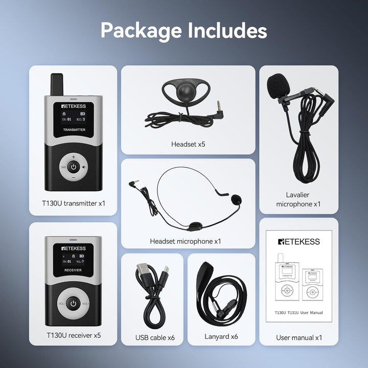 Retekess T130U (T130 4rd) Audio Tour Guide System, Kabelloses Reiseleiter-Set, 200m, U-Band-Modus mi