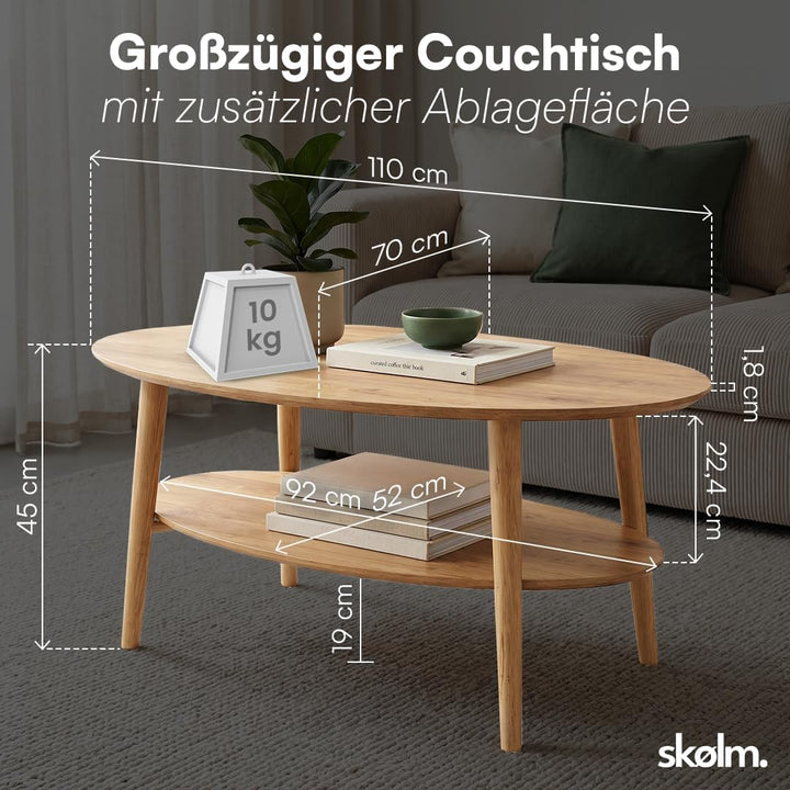 skølm Mjölnir Couchtisch oval – Wohnzimmertisch aus Eiche Massivholz – Sofatisch mit 2 Ablagen – kle