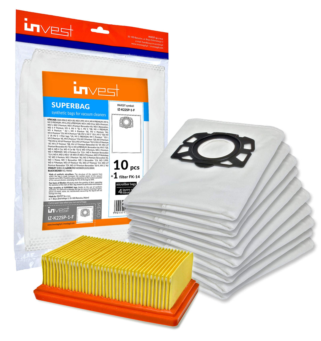 Invest - Staubsaugerbeutel Ersatz, Filtertüten Beutel Kompatibel mit Kärcher 2.863-006.0 WD4 WD5 WD6