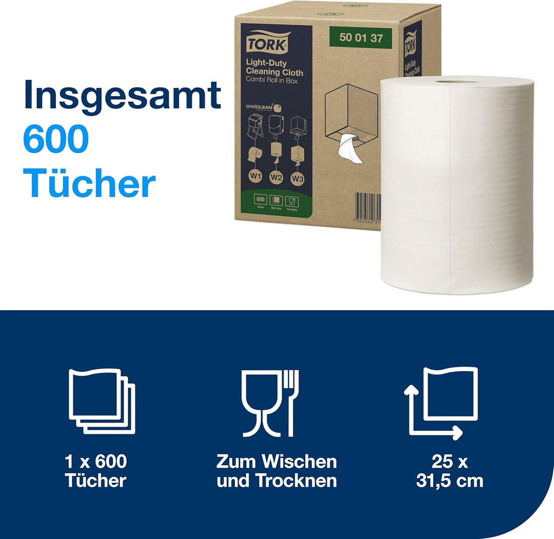 Tork Leichte Reinigungstücher Kombirolle, Weiss W1/W2/W3, feucht oder trocken verwendbar, 1 נ600 Tüc