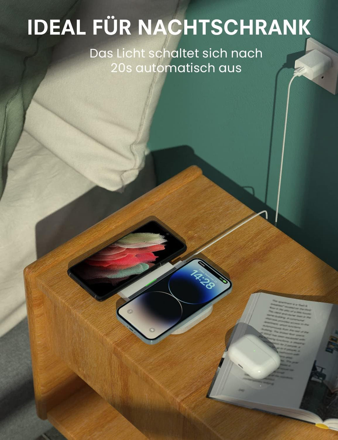 JoyGeek 2 IN 1 Wireless Charger, 15W Max Induktive Ladestation, für iPhone 15/14/13/12/11/Pro/ProMax
