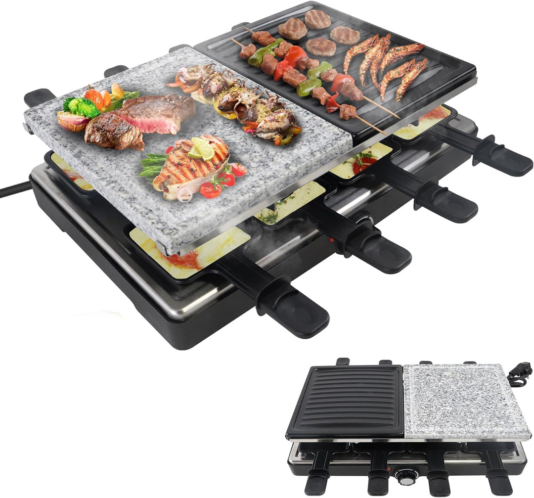 Froadp Raclette Grill mit Naturgrillstein und Grillplatte Antihaftbeschichtung Tischgrill Elektrisch